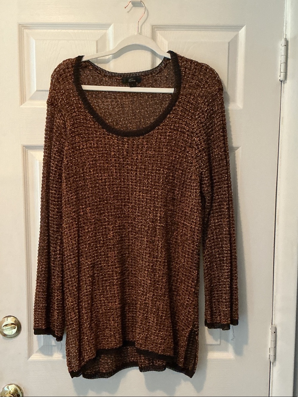 Relaxed Brown Scoop-Neck Open-Knit Sweater